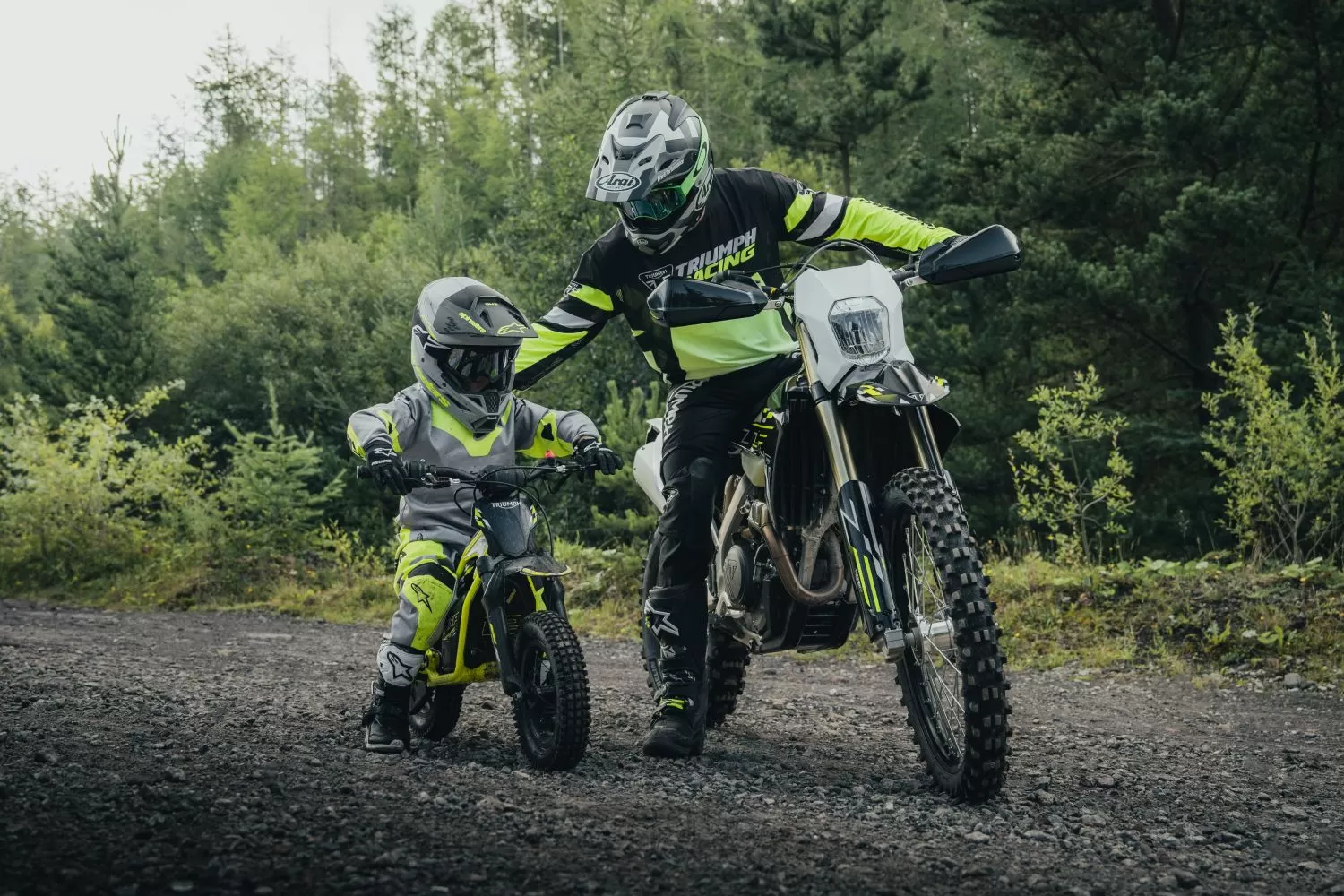 Triumph TXP-12 riding beside the Triumph TF 450-X in the forest