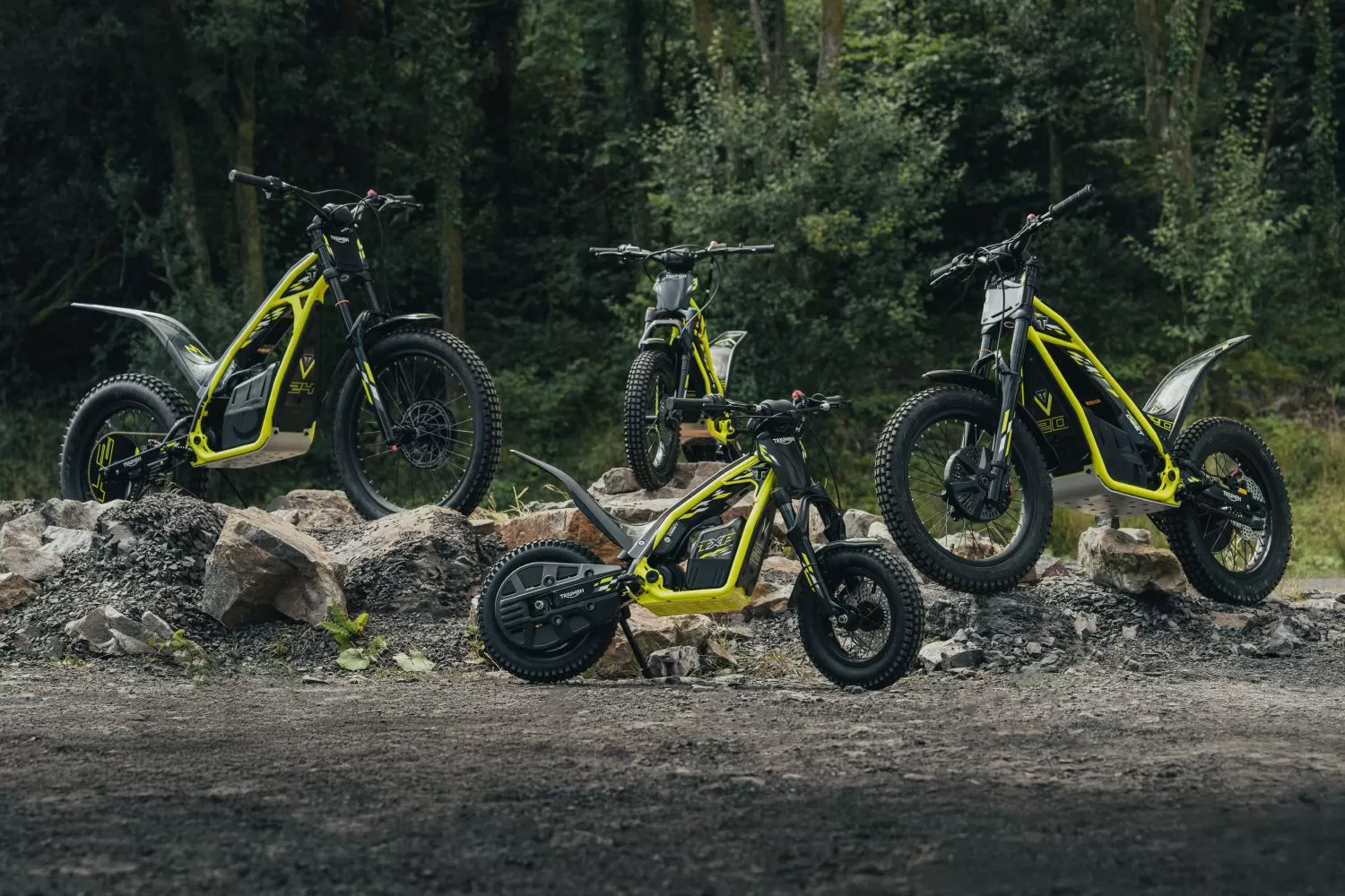 Full Triumph TXP electric bike range parked in the woods