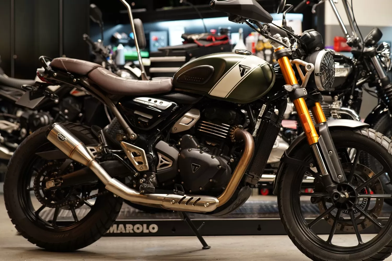 S&S Grand National Slip-On Exhaust on the Triumph Scrambler 400 X