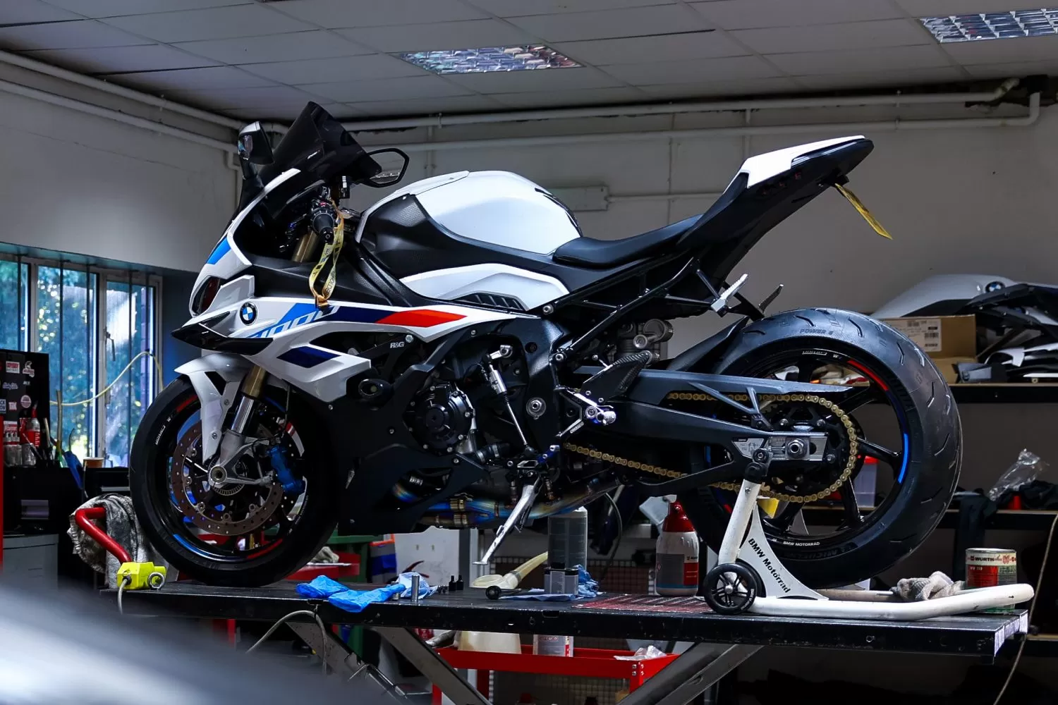 BMW S 1000 RR in LIND Motorrad Welwyn Garden City workshop BMW S 1000 RR in LIND Motorrad Welwyn Garden City workshop