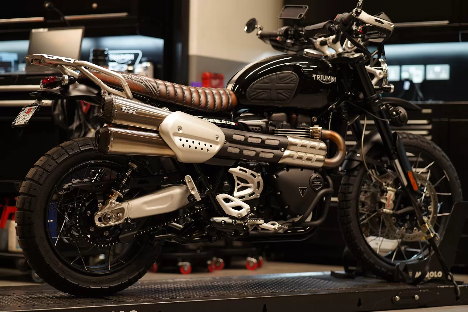 Custom Torrence Triumph Scrambler 1200 LIND Stockwell Design in the Triumph London workshop