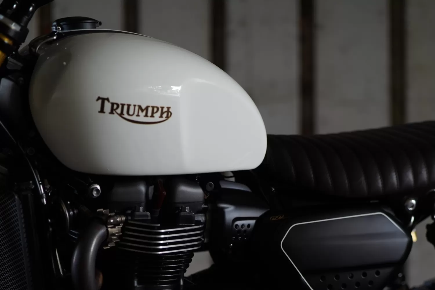 Close up of the tank on a custom Triumph Scrambler 1200 by Stockwell Design